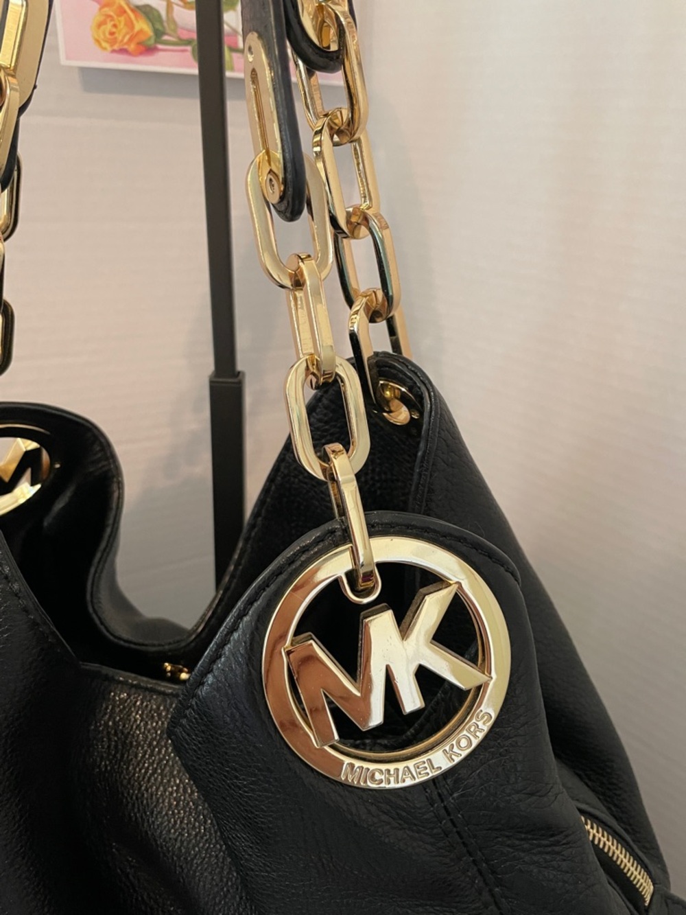 Michael Kors  Fulton Black Pebbled Leather Hobo with Gold MK Charm ,on ea side - Picture 3 of 17